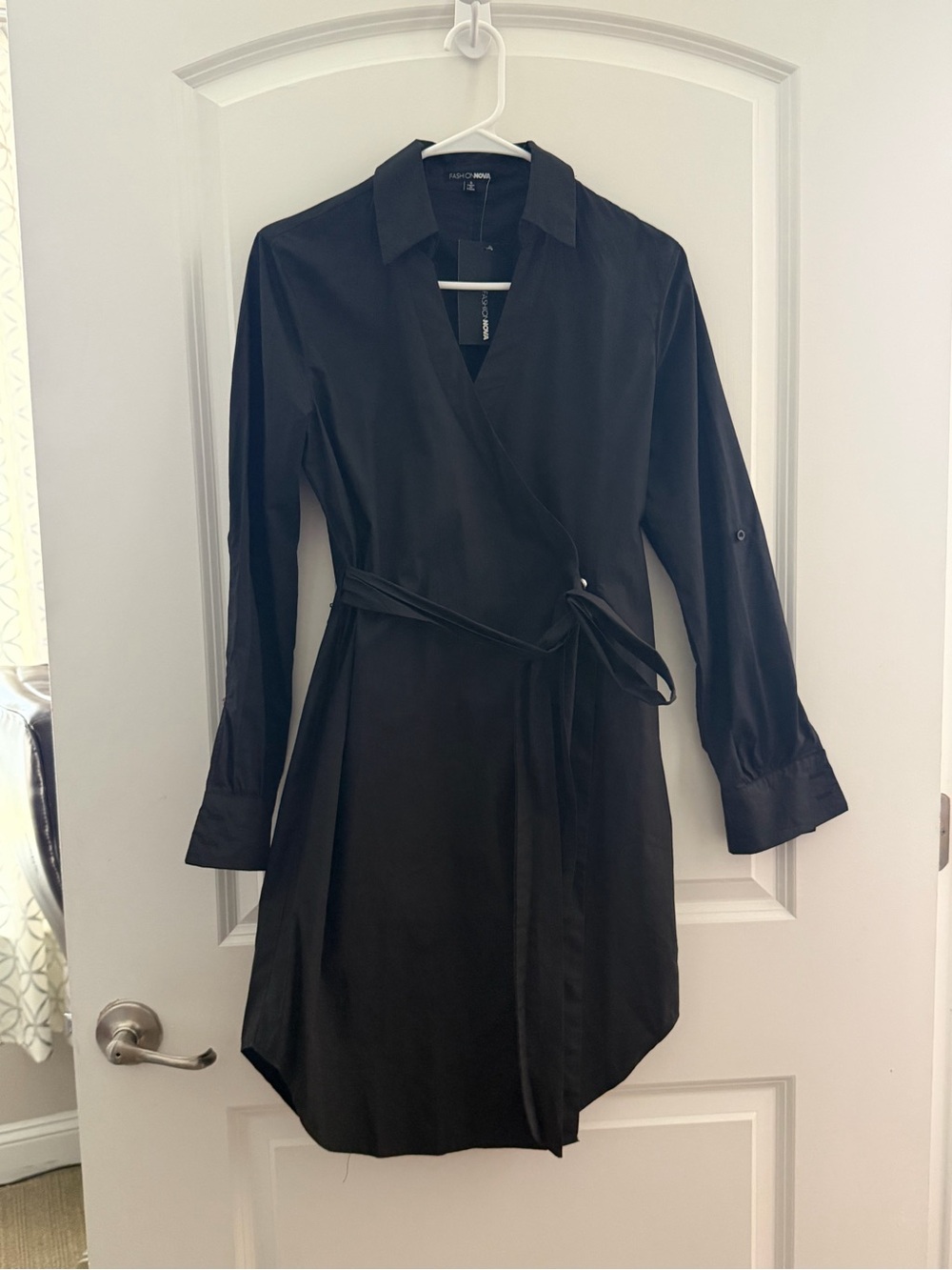 Black Wrap Shirt Dress with Tie Waist
